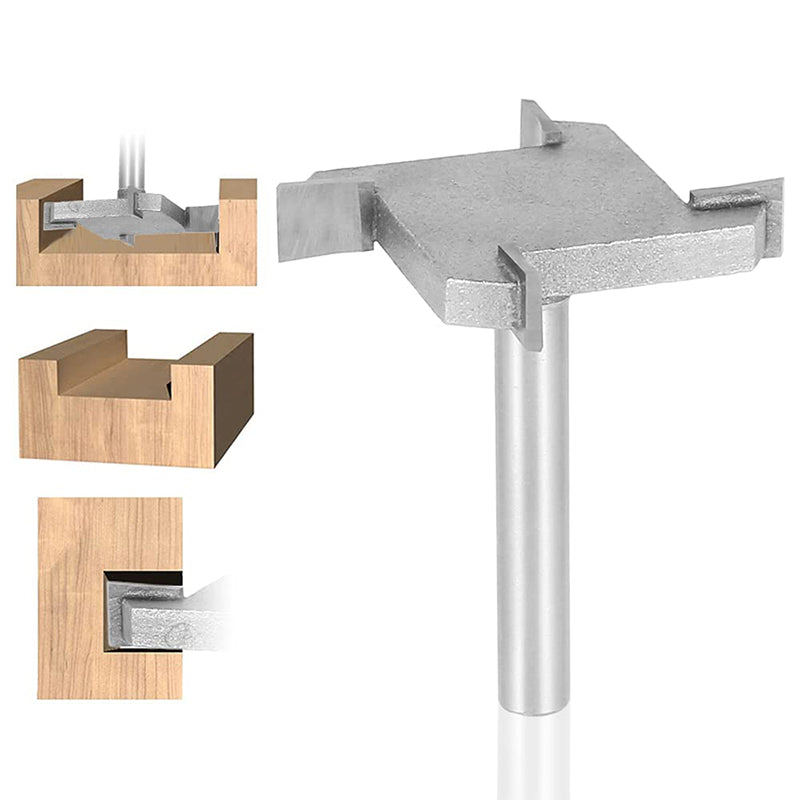4-fløyet T-formet freskutter for presis trebearbeiding med slitesterk belegg, skarpe kanter og 1/4" skaft i tungsten stål.