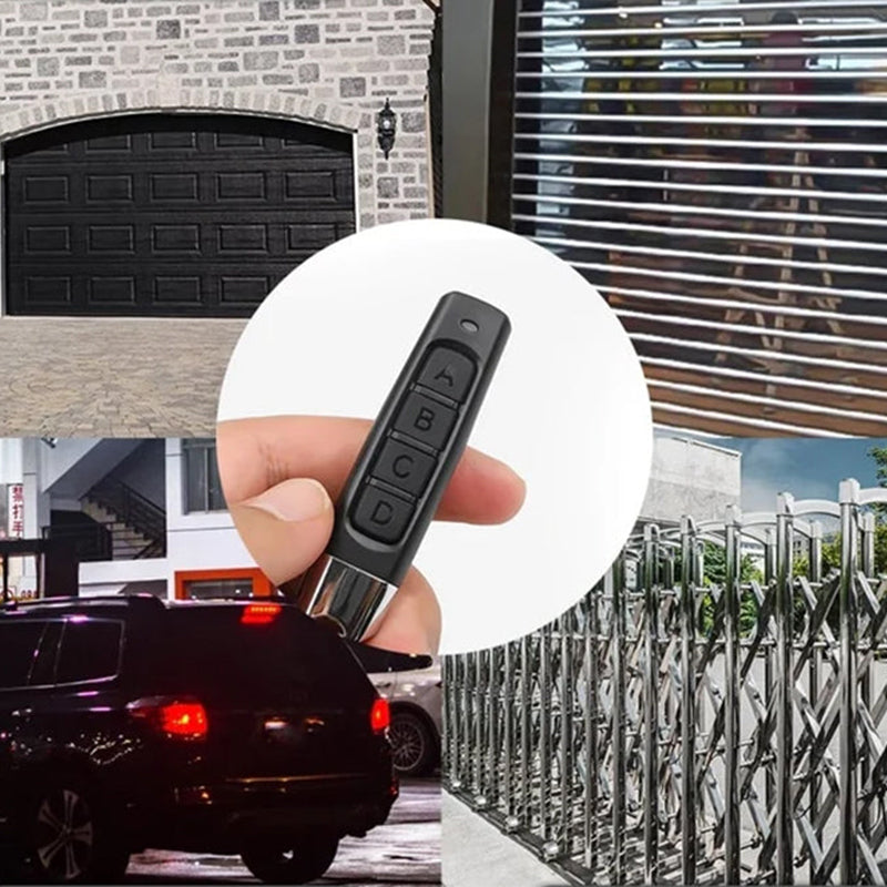 "4-i-1 fjernkontrollkloner for garasje- og bilåpner, kompakt design med svart og sølvfinish, praktisk bruk."