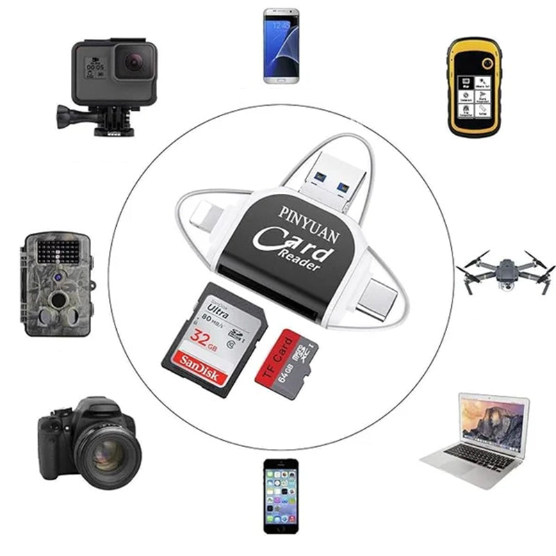 "4-i-1 kortleser med SD TF-kompatibilitet i rose gull, svart og hvit, for enheter med USB, Type C, Micro USB og Lightning."
