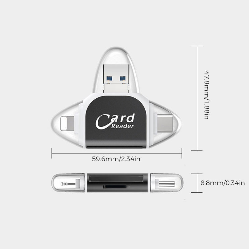 "4-i-1 kortleser med SD TF-kompatibilitet i rose gull, svart og hvit, for enheter med USB, Type C, Micro USB og Lightning."