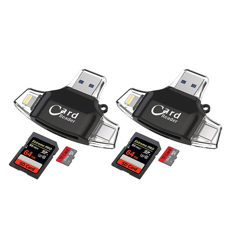"4-i-1 kortleser med SD TF-kompatibilitet i rose gull, svart og hvit, for enheter med USB, Type C, Micro USB og Lightning."