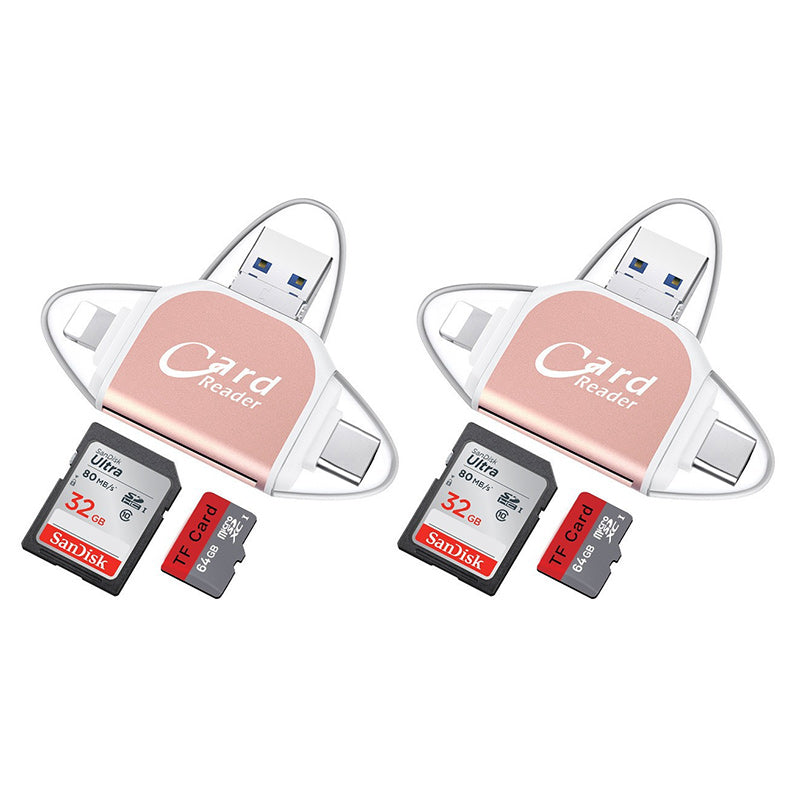 "4-i-1 kortleser med SD TF-kompatibilitet i rose gull, svart og hvit, for enheter med USB, Type C, Micro USB og Lightning."