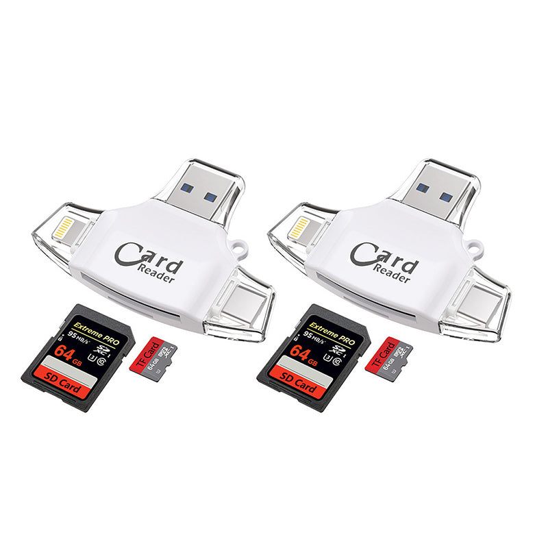 "4-i-1 kortleser med SD TF-kompatibilitet i rose gull, svart og hvit, for enheter med USB, Type C, Micro USB og Lightning."