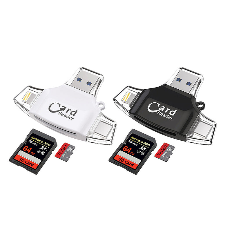 "4-i-1 kortleser med SD TF-kompatibilitet i rose gull, svart og hvit, for enheter med USB, Type C, Micro USB og Lightning."
