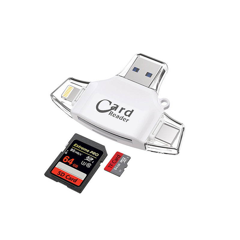 "4-i-1 kortleser med SD TF-kompatibilitet i rose gull, svart og hvit, for enheter med USB, Type C, Micro USB og Lightning."