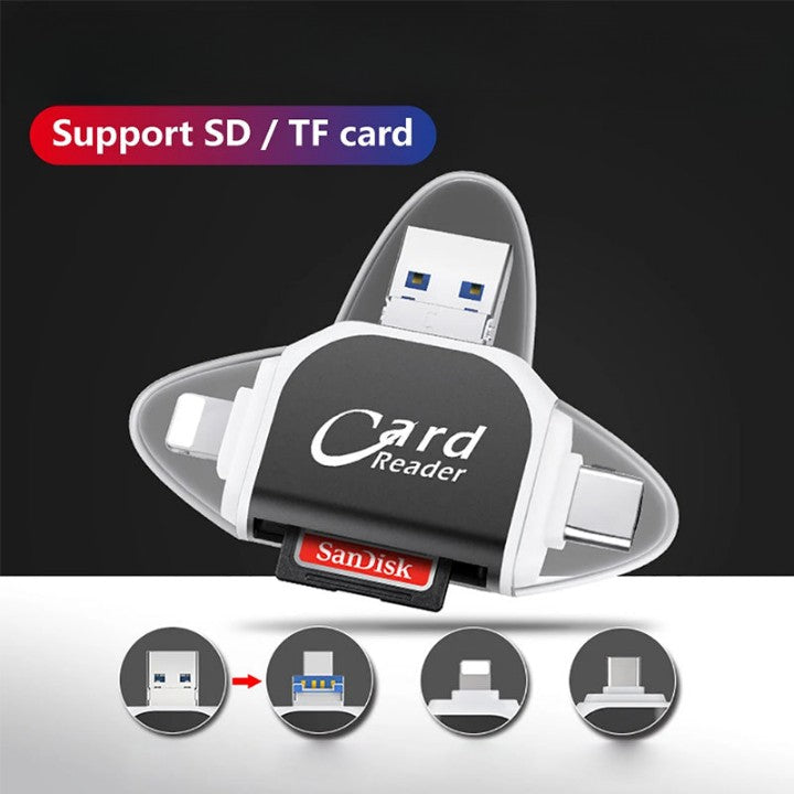 "4-i-1 kortleser med SD TF-kompatibilitet i rose gull, svart og hvit, for enheter med USB, Type C, Micro USB og Lightning."