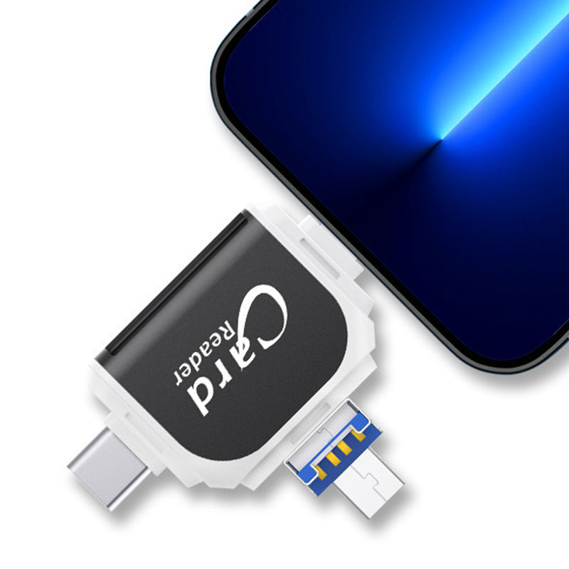 "4-i-1 kortleser med SD TF-kompatibilitet i rose gull, svart og hvit, for enheter med USB, Type C, Micro USB og Lightning."