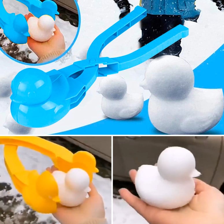 Barn i fargerike vinterklær leker ute med snøballformklemmer, skaper kreative snøformer.