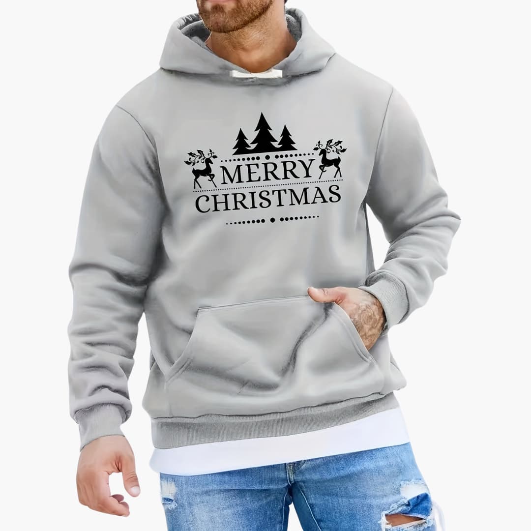 Hoodie with Christmas Trees and Reindeer Pattern Relaxed Pullover