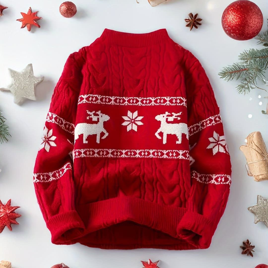 Herres Everyday Christmas Sweater with Reindeer Pattern Cozy Knitted Pullover
