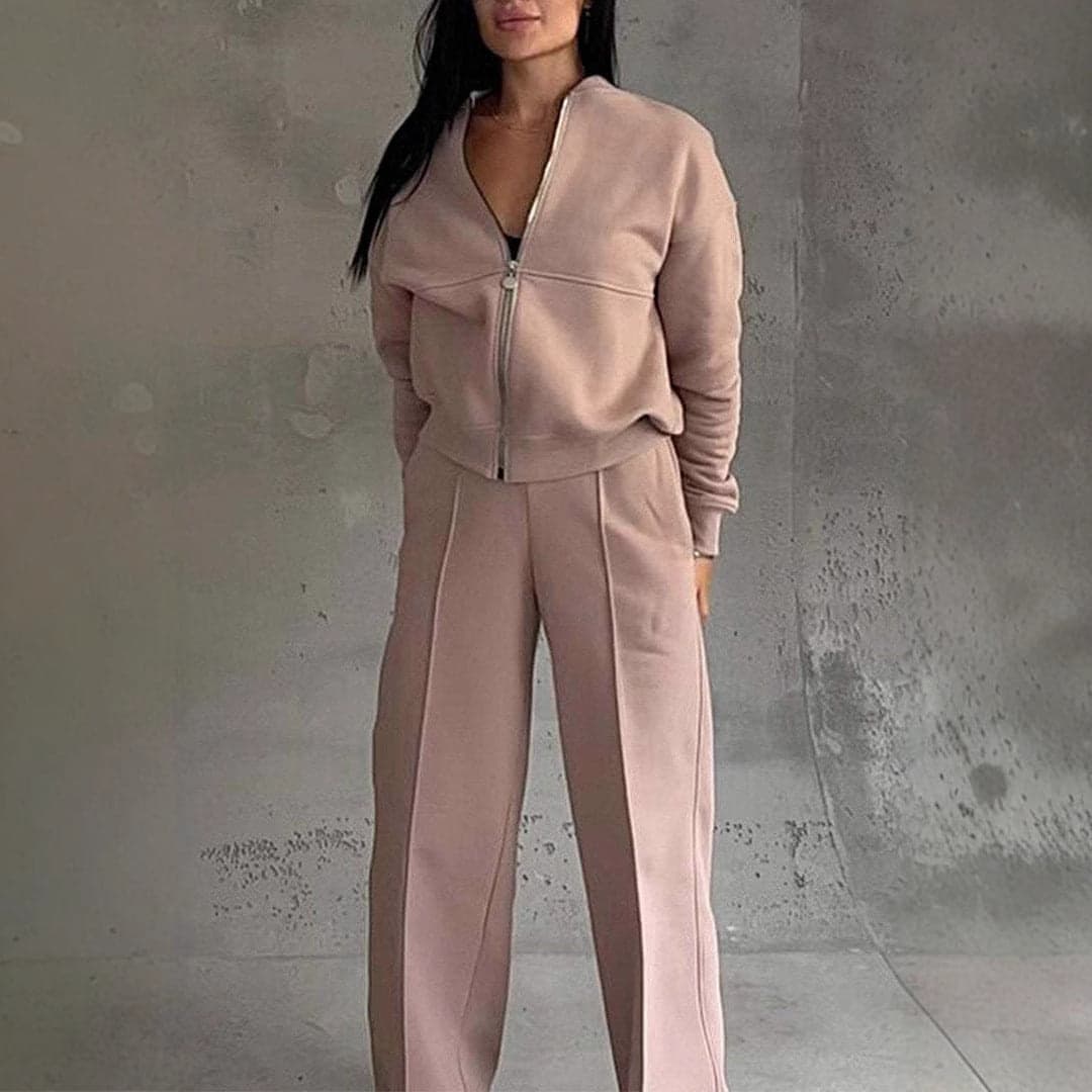 Women's Two-Piece Set with Zipper Jacket and Wide Pants