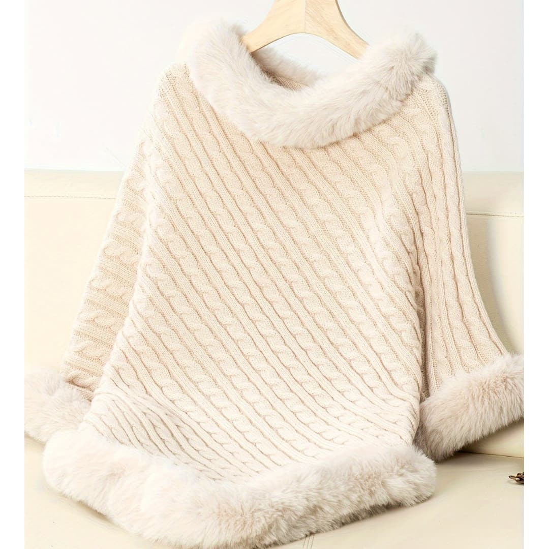 Cozy vintage knitted cape with collar in faux fur