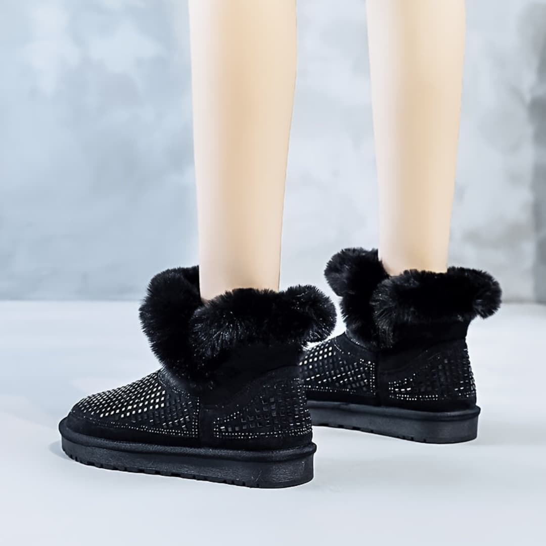 Women's Snow Boots with Rhinestone Decor Slip-Resistant Flat Ankle Shoes