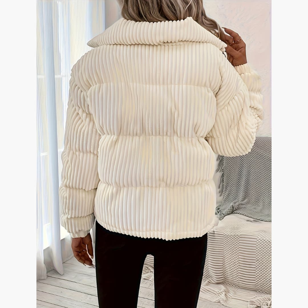 Women's Ribbed Puffer Jacket with Zipper Thermal Long-Sleeve Jacket