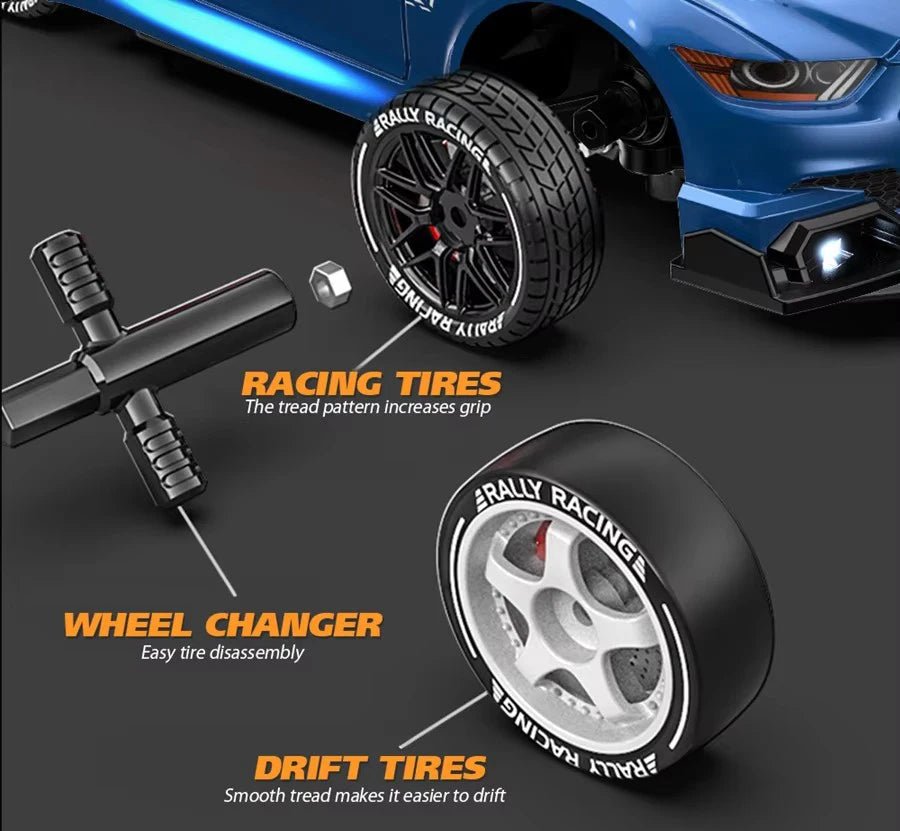 RC driftbil på startlinjen, glinsende overflate og klar for kappløp.