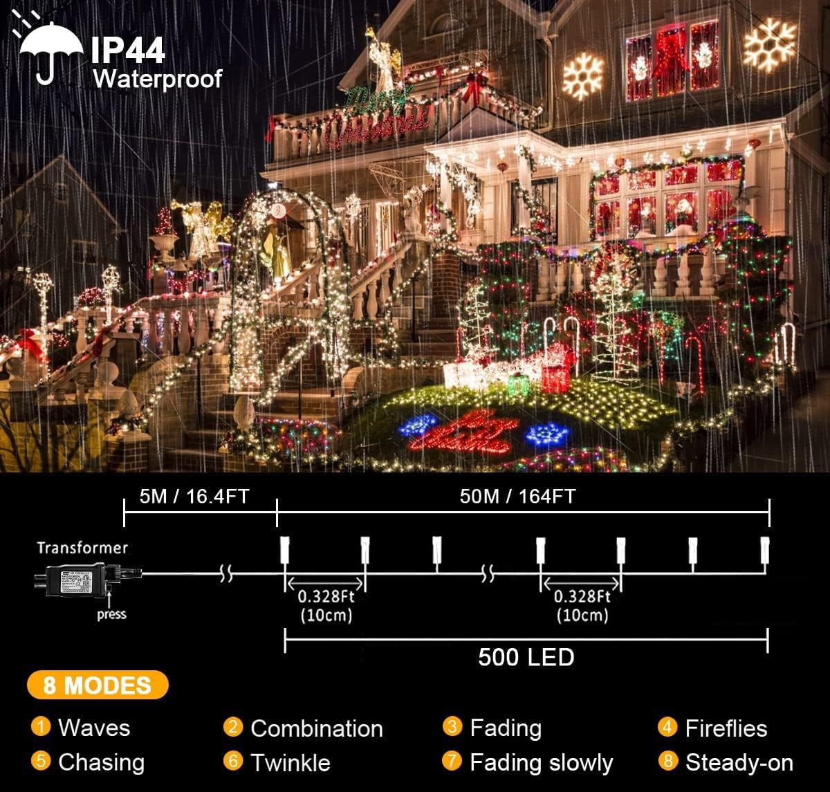 500 LED varm hvite julelys, lang lyslenke for utendørs dekorasjon, skaper en magisk atmosfære med vanntett design.