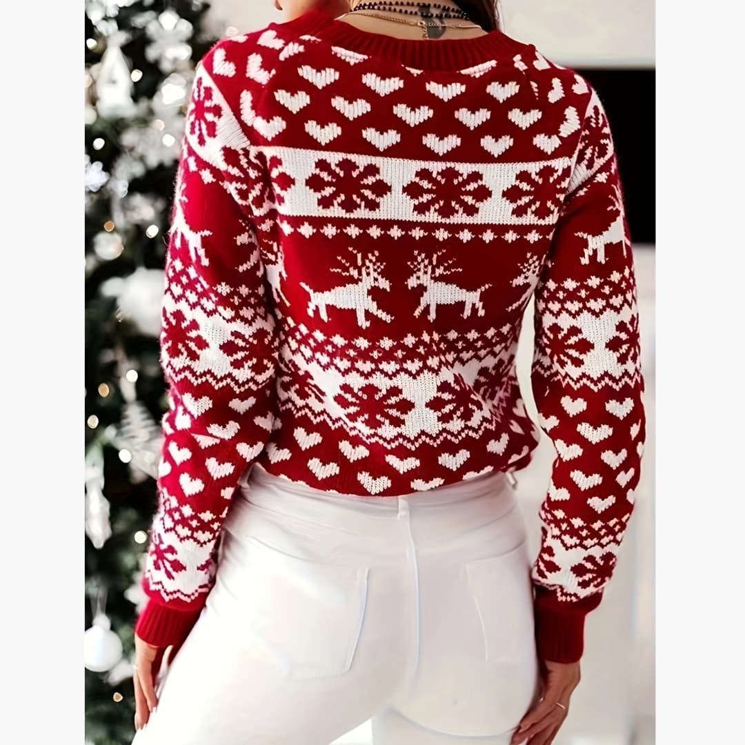 Comfortable Elegant Red Reindeer Snowflake Round Neck Sweater