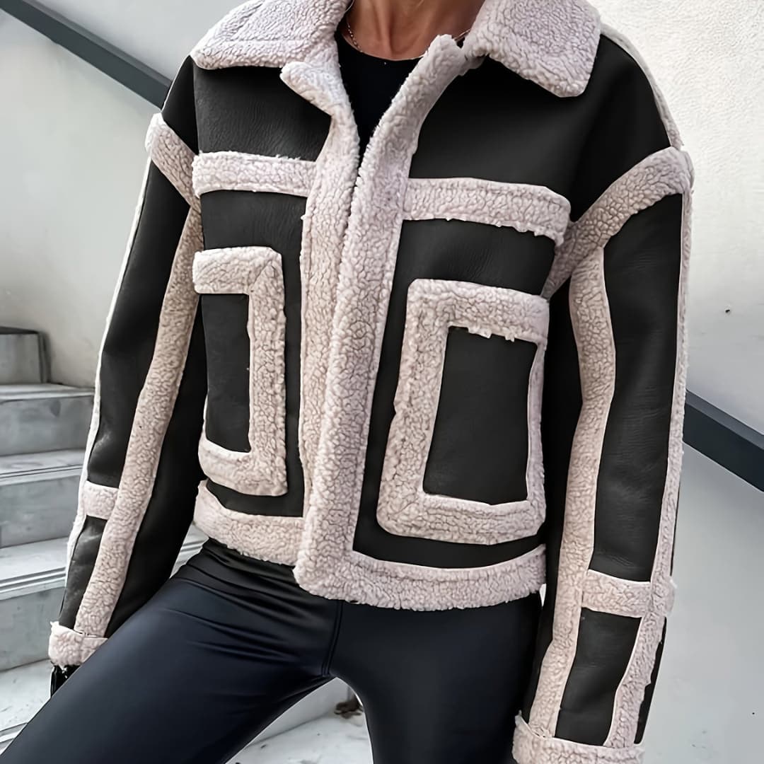 Women's Short Jacket in Imitation Leather Elegant Coat with Folded Collar