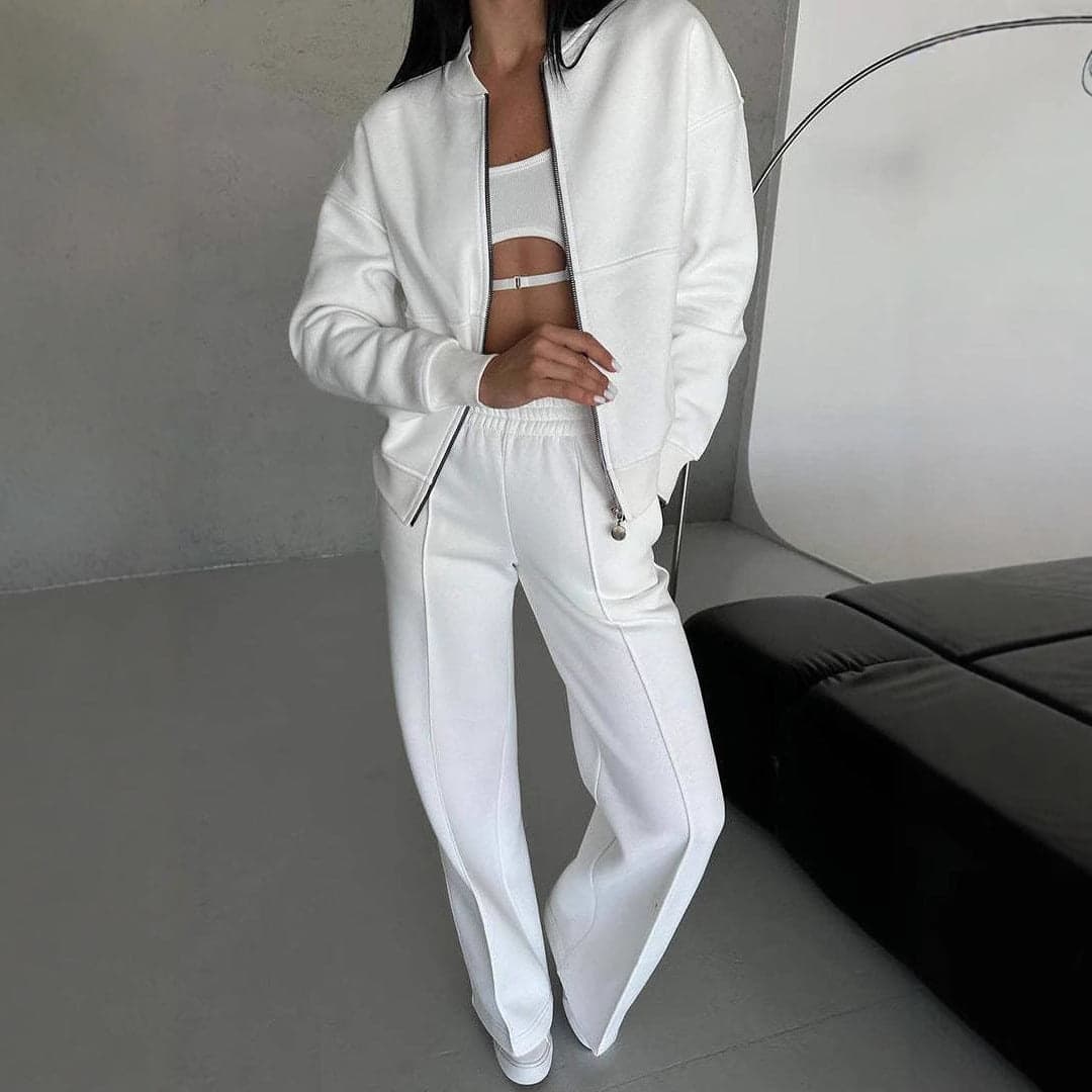 Women's Two-Piece Set with Zipper Jacket and Wide Pants