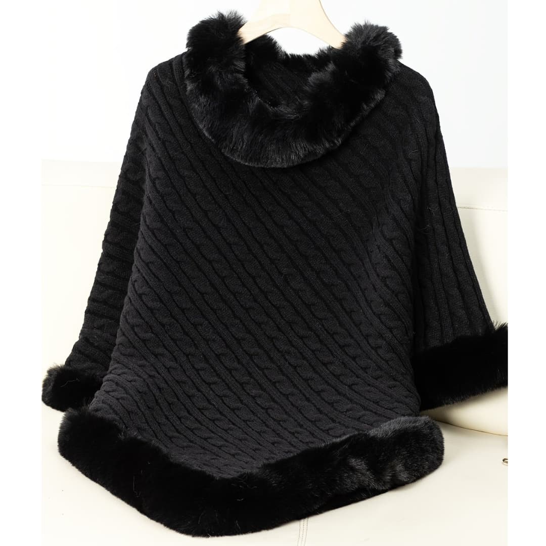 Cozy vintage knitted cape with collar in faux fur