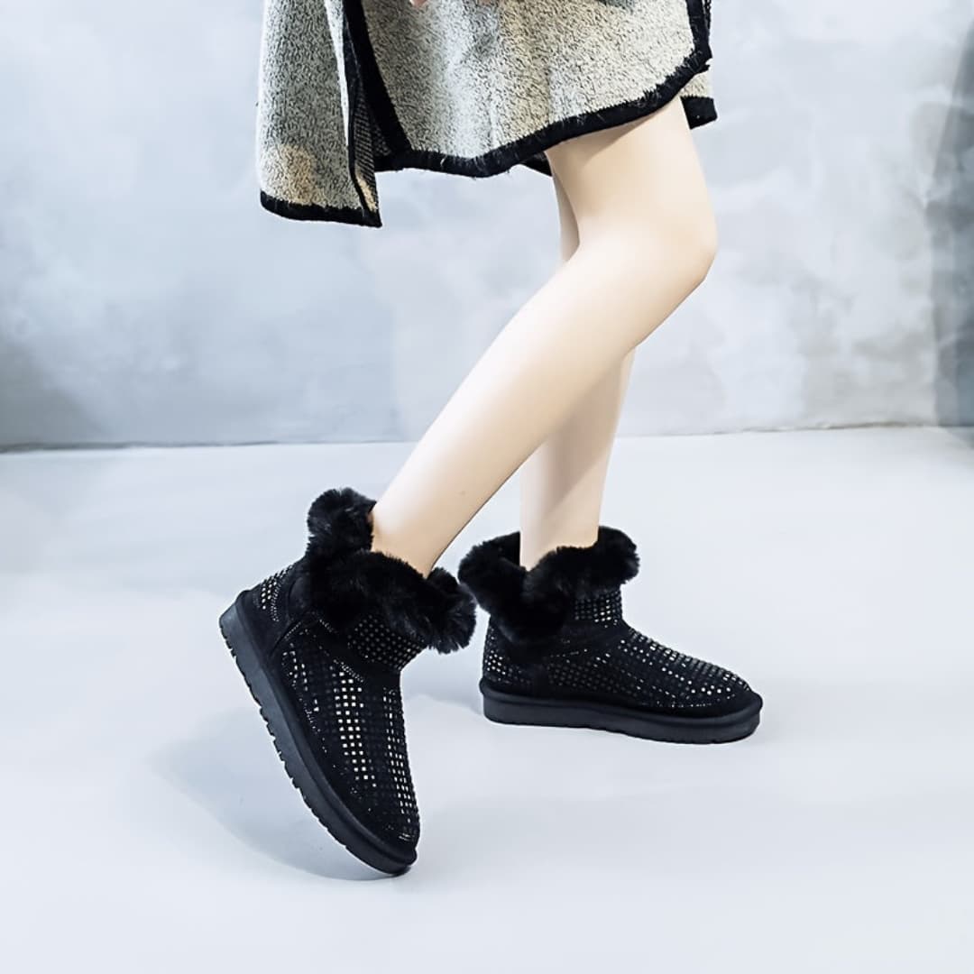 Women's Snow Boots with Rhinestone Decor Slip-Resistant Flat Ankle Shoes