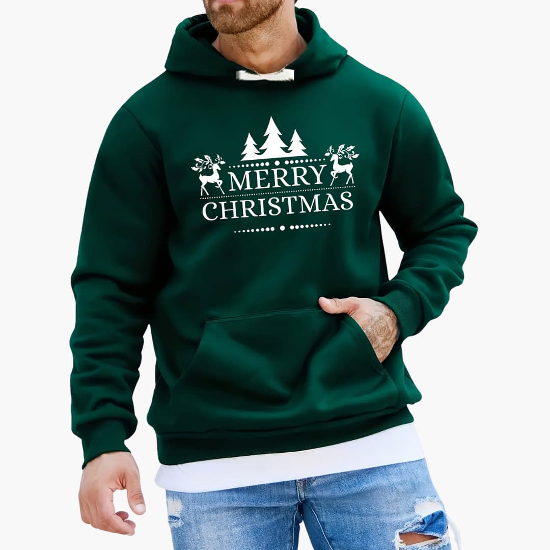 Hoodie with Christmas Trees and Reindeer Pattern Relaxed Pullover