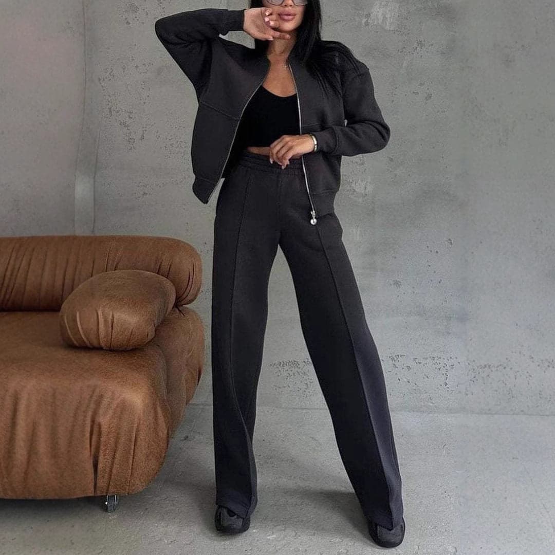 Women's Two-Piece Set with Zipper Jacket and Wide Pants
