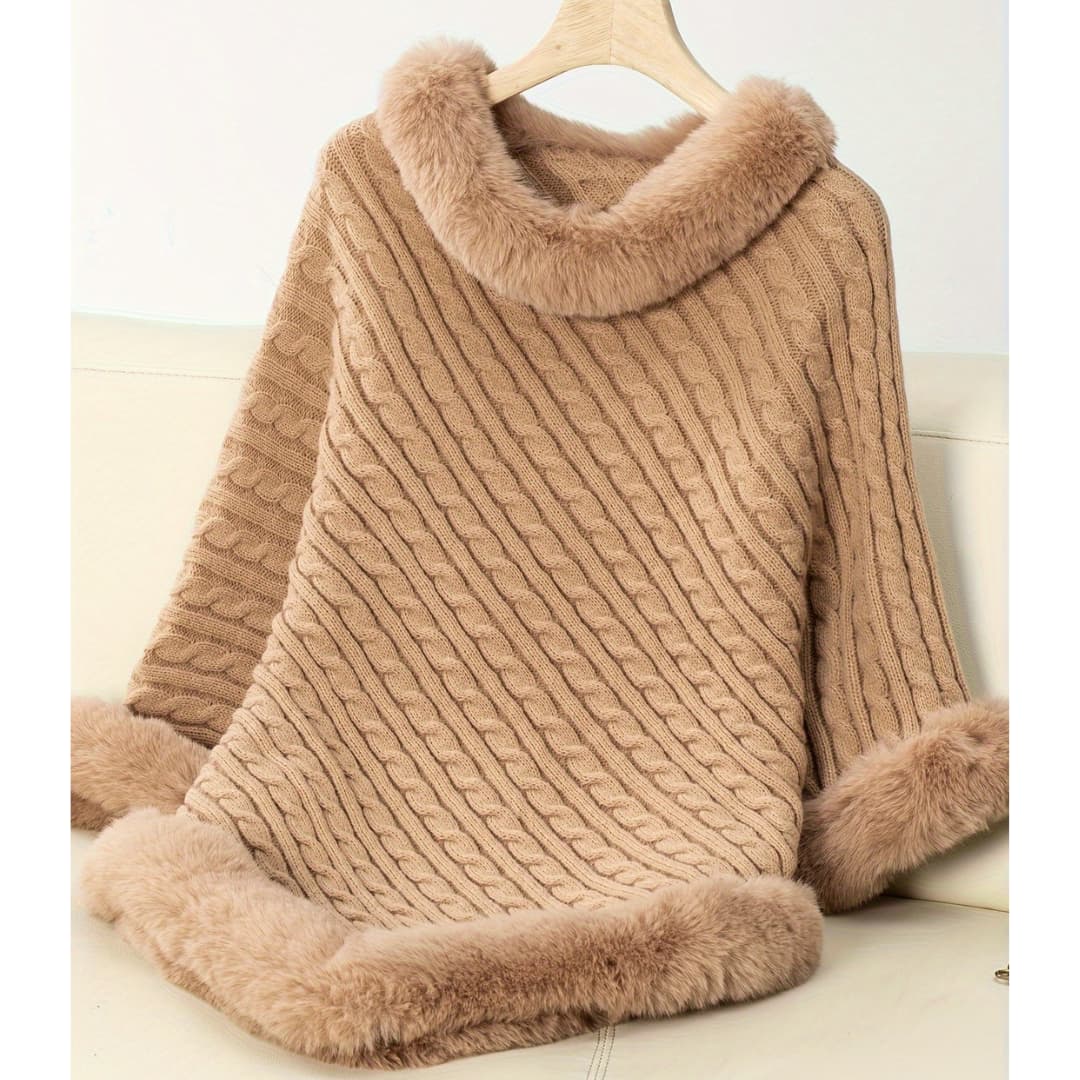 Cozy vintage knitted cape with collar in faux fur