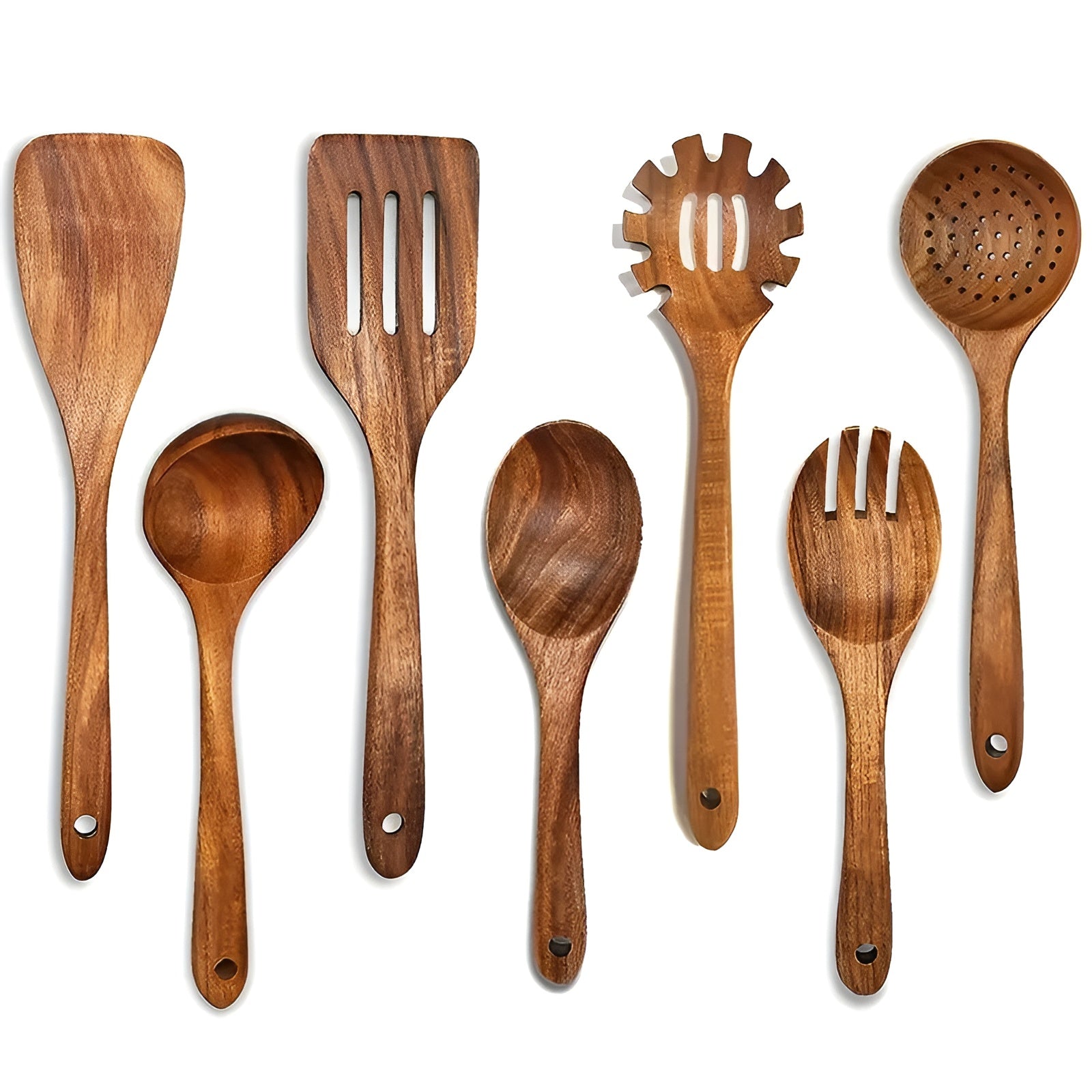"7-delers tre kjøkkenredskapssett, varmebestandig, skånsom mot non-stick panner, naturlig finish, ergonomisk design."