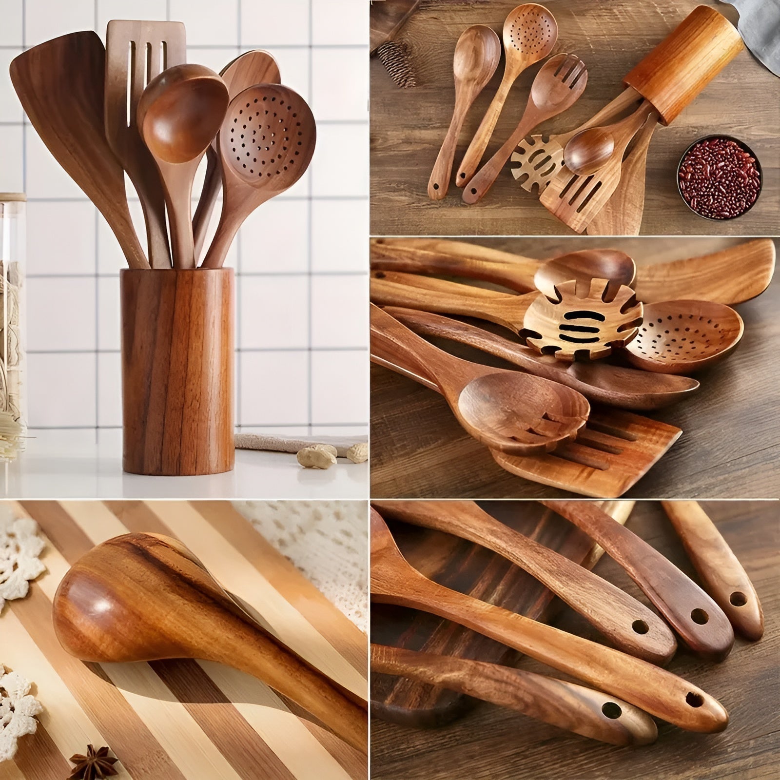 "7-delers tre kjøkkenredskapssett, varmebestandig, skånsom mot non-stick panner, naturlig finish, ergonomisk design."