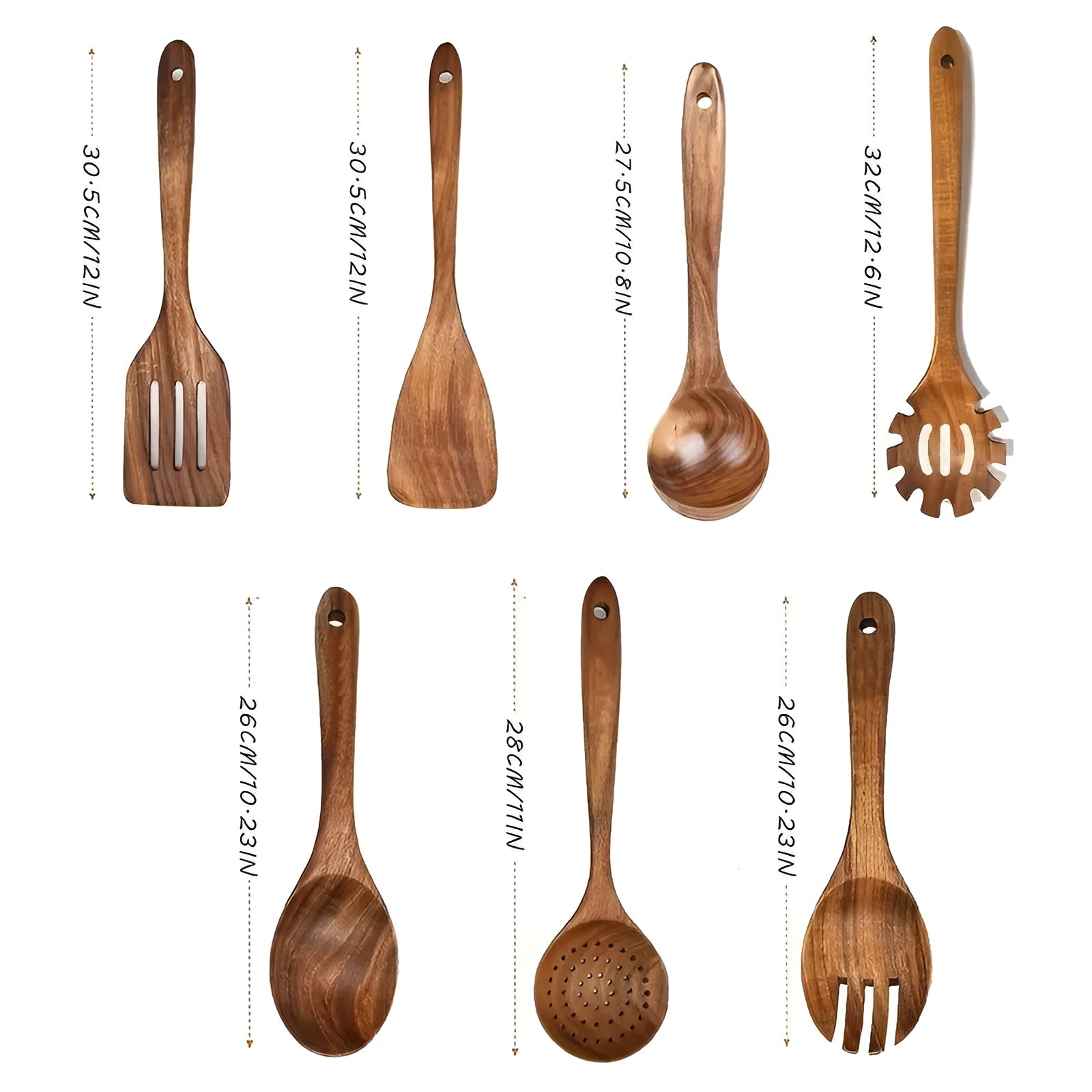"7-delers tre kjøkkenredskapssett, varmebestandig, skånsom mot non-stick panner, naturlig finish, ergonomisk design."