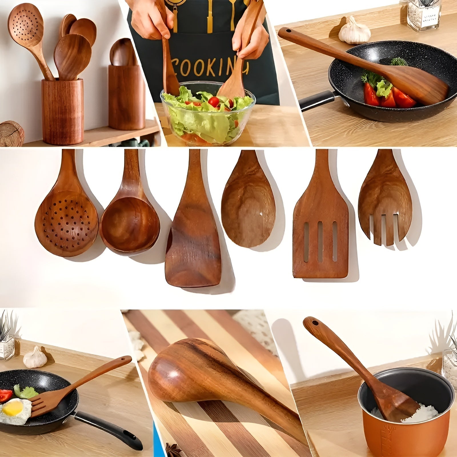 7-delt kjøkkenredskapssett i varmebestandig tre, non-stick vennerlig. Elegant design, naturlig trestruktur vises.
