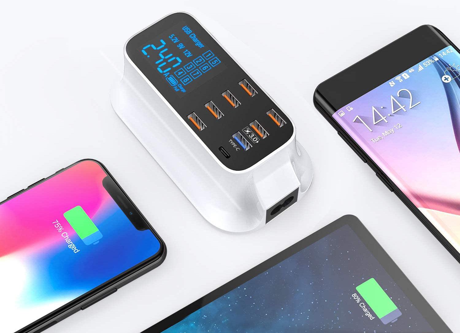Kompakt hvit USB-ladestasjon med 8 porter, passer perfekt til reiselader eller hjemmebruk.
