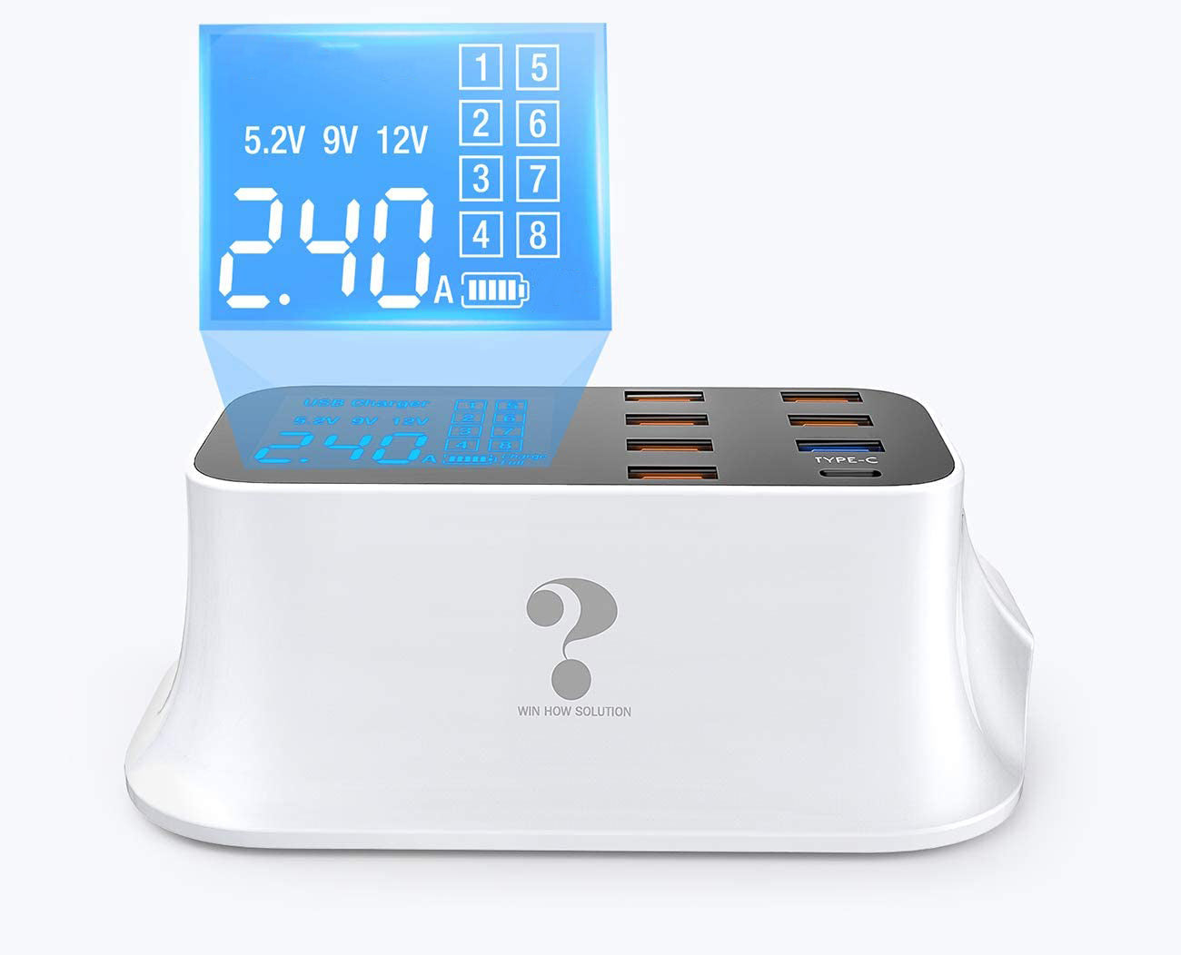 8-ports USB-ladestasjon, hvit og elegant design, perfekt for hjemmekontoret eller reise, med hurtiglading.