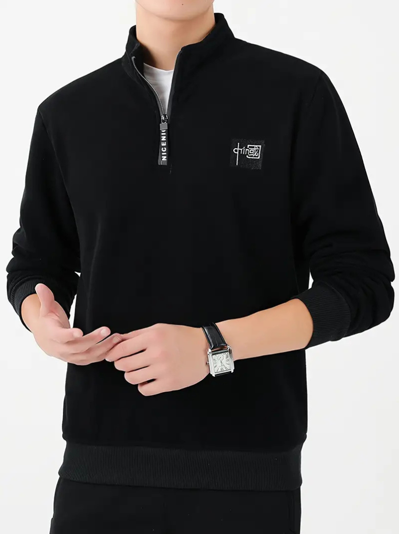 Fleece-lined V-neck sweater in cotton blend for men