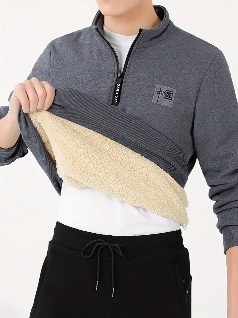Fleece-lined V-neck sweater in cotton blend for men