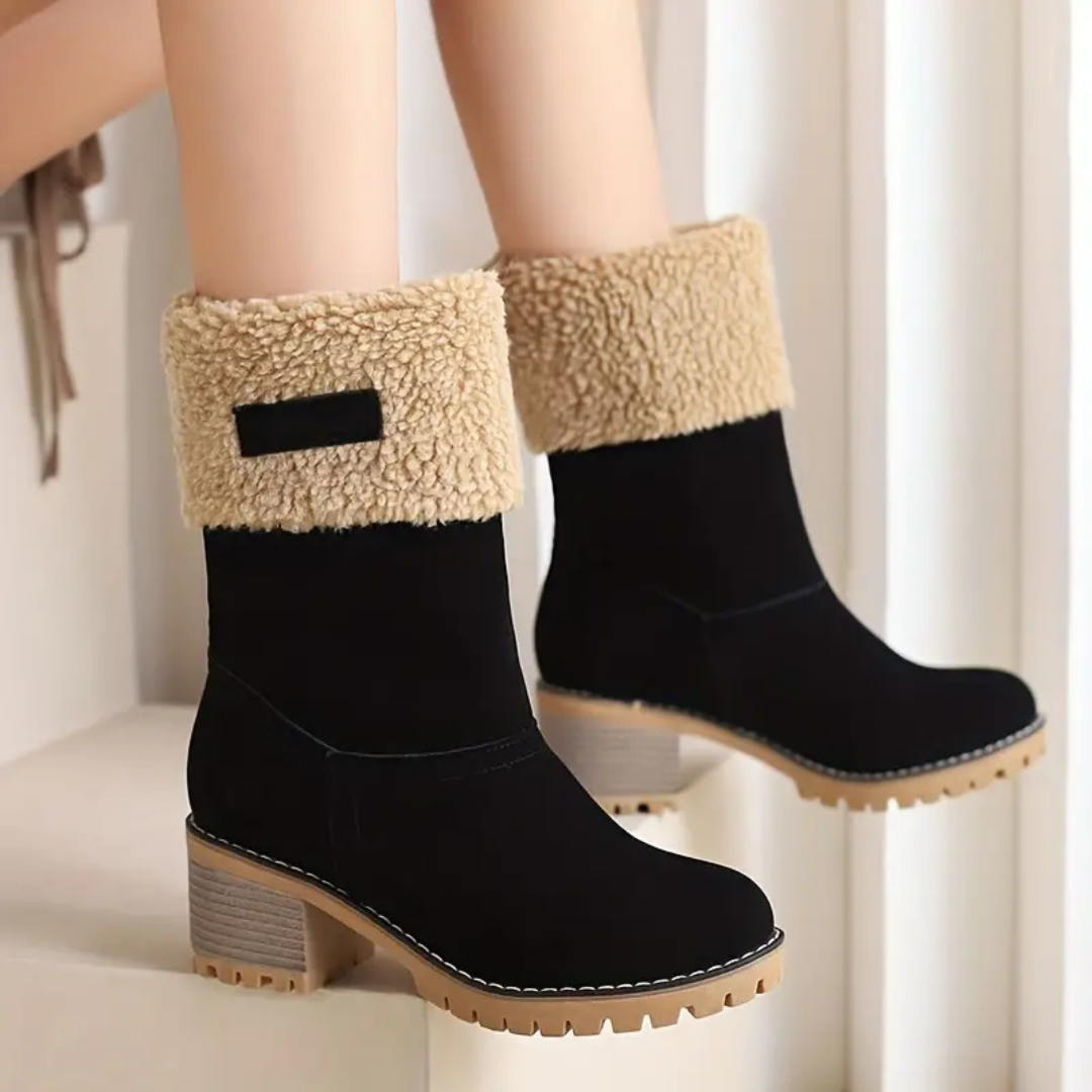 Half-high snow boots with block heel and plush lining for women