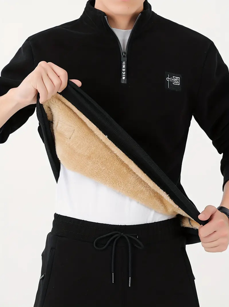 Fleece-lined V-neck sweater in cotton blend for men