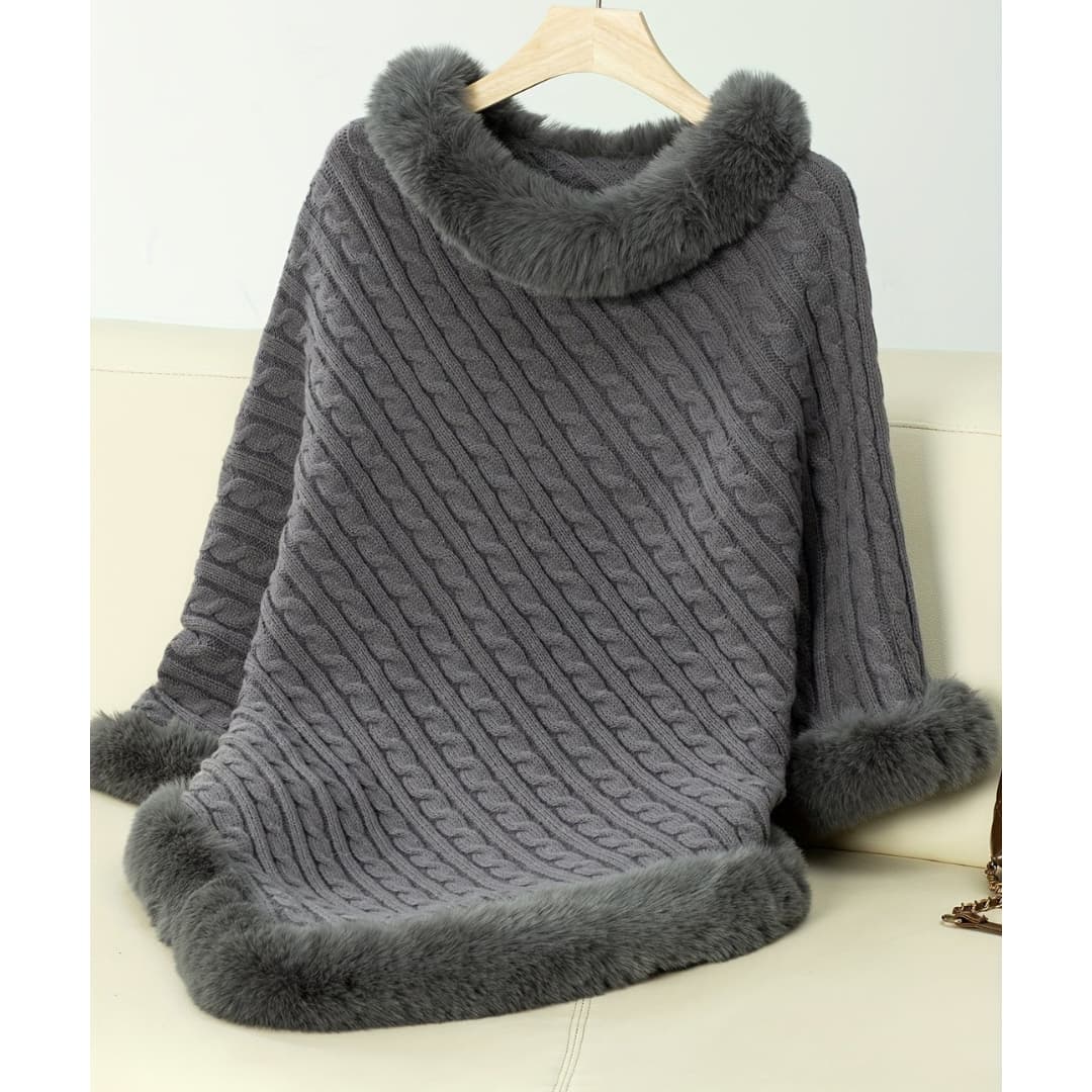 Cozy vintage knitted cape with collar in faux fur