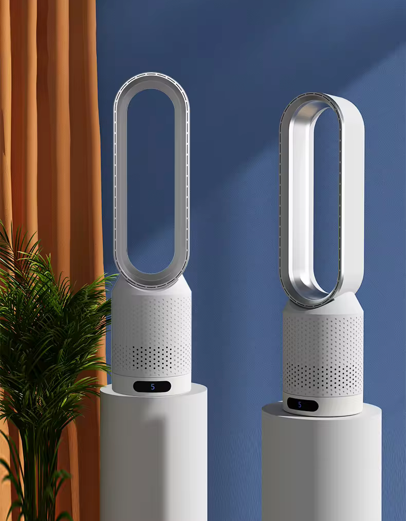 "AirPure 3-i-1 luftkjøler med UV rensing, ionisator og elegant hvit design for optimal luftkvalitet i hjem eller kontor."