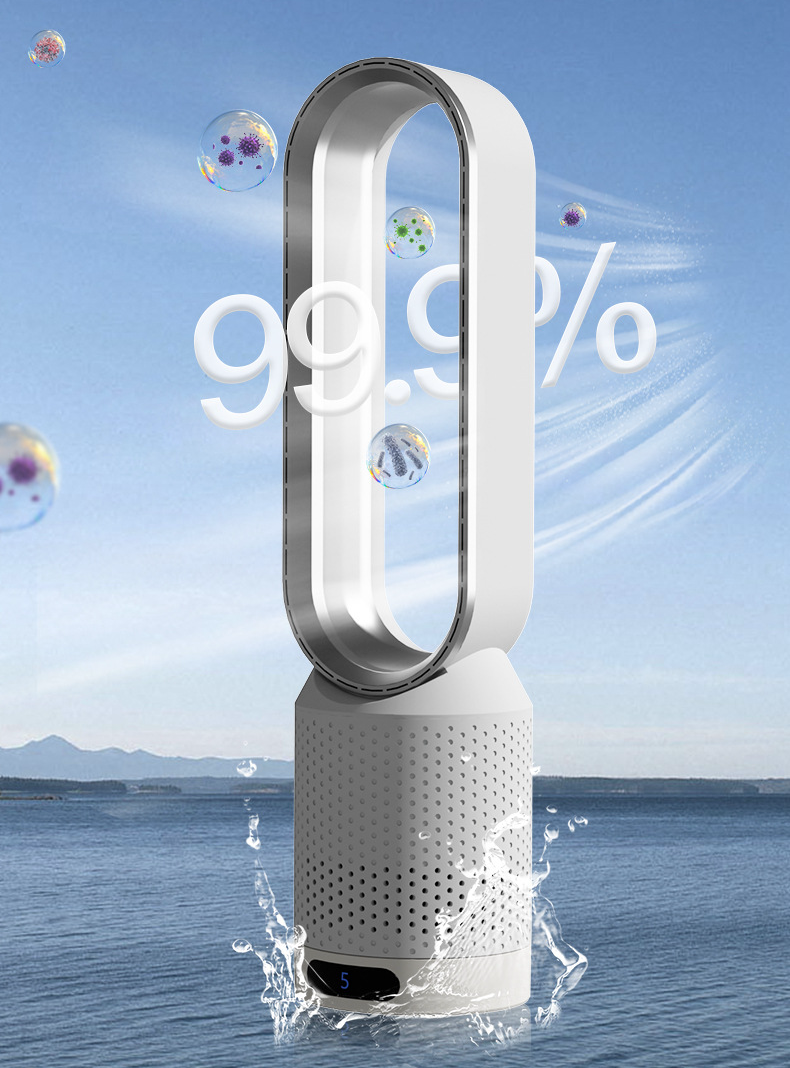 "AirPure 3-i-1 luftkjøler med UV rensing, ionisator og elegant hvit design for optimal luftkvalitet i hjem eller kontor."