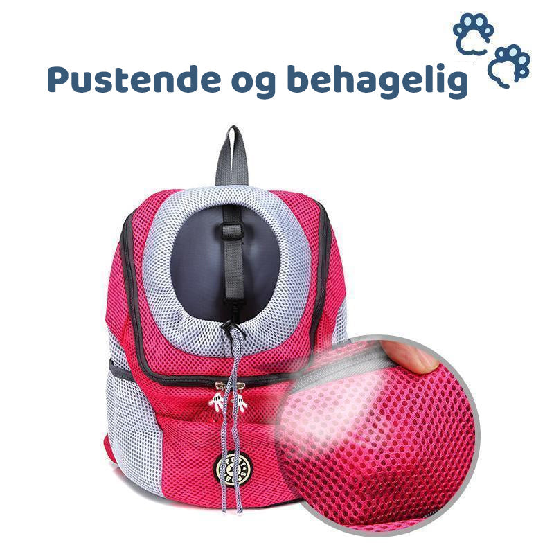Allsidig ryggsekk for hunder/katter, frontvisning. Komfortable, luftige seler med sikkerhetsstropp. Perfekt for reiser.