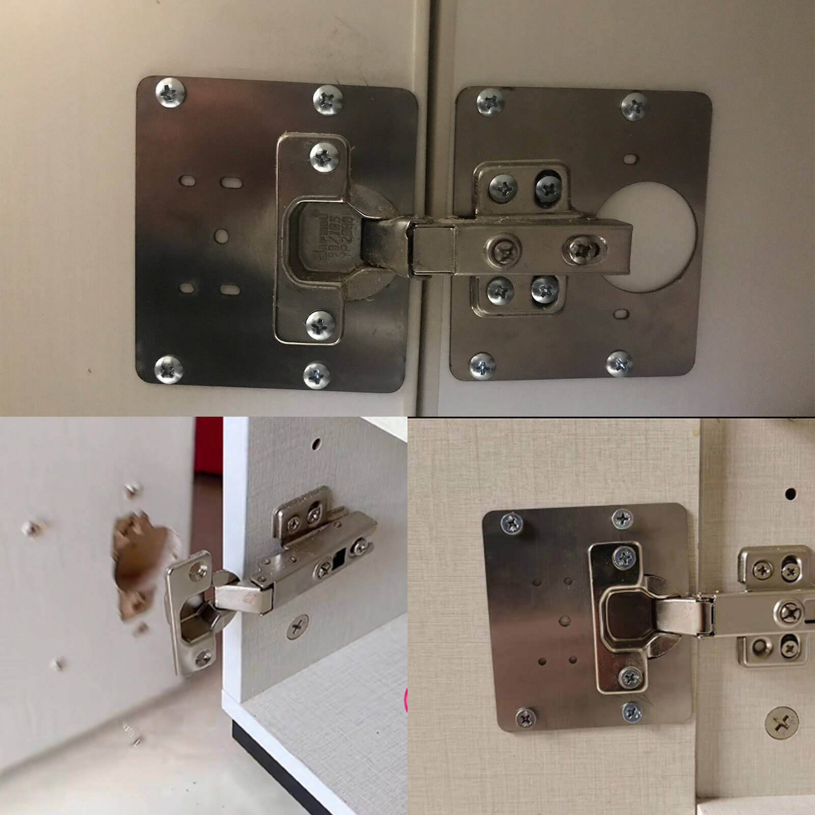 Rask dørfiks med hengselfikseringsplate i aluminium. Ideell for reparasjon av kjøkkenskap og andre dører.