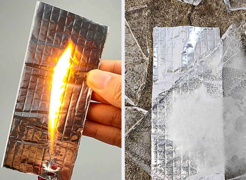 Detaljert bilde av vanntett aluminiumstape med beskyttelsesfilm, klar for bruk på diverse overflater