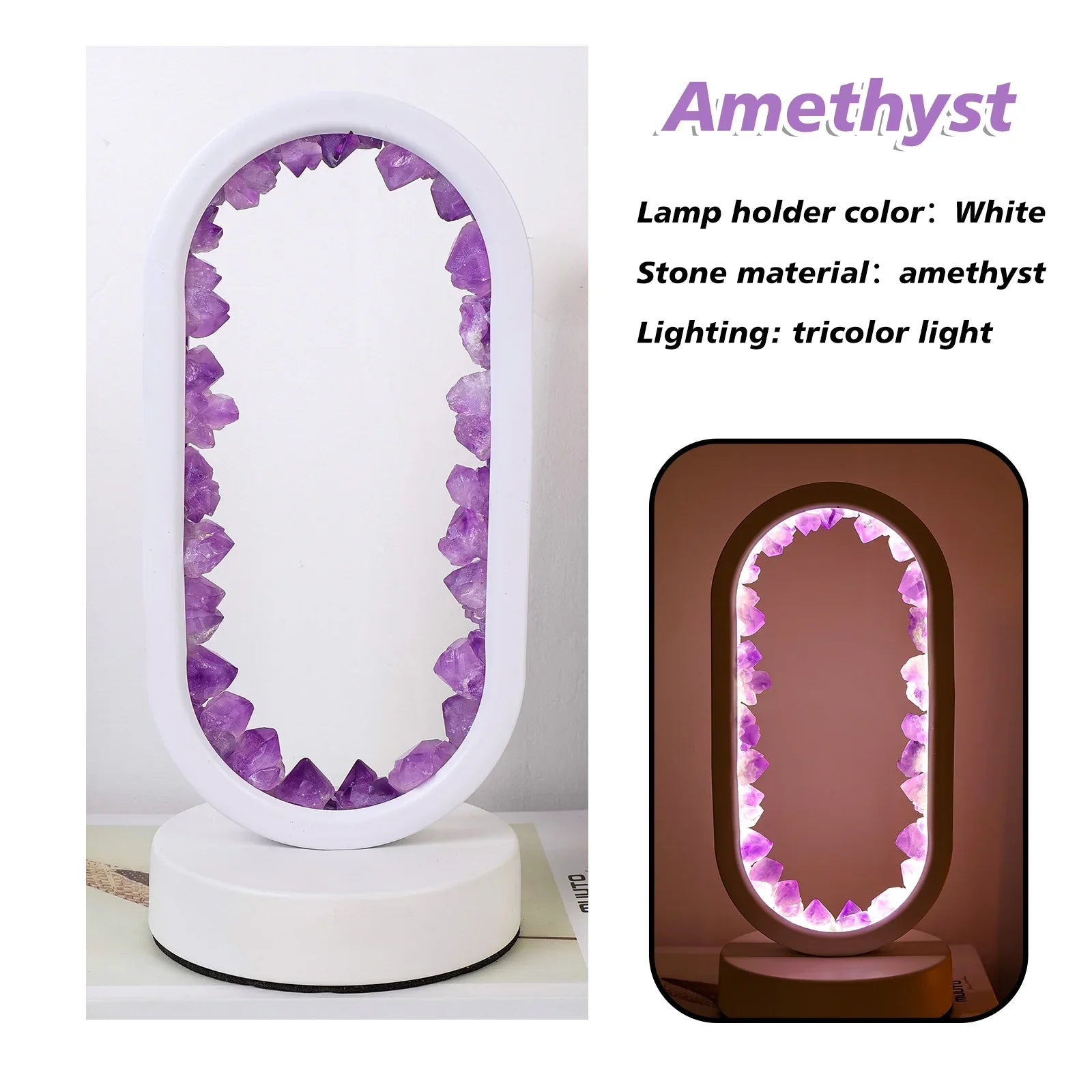 Ametyst krystall bordlampe, ideell for meditasjonsrom, stue og soverom.