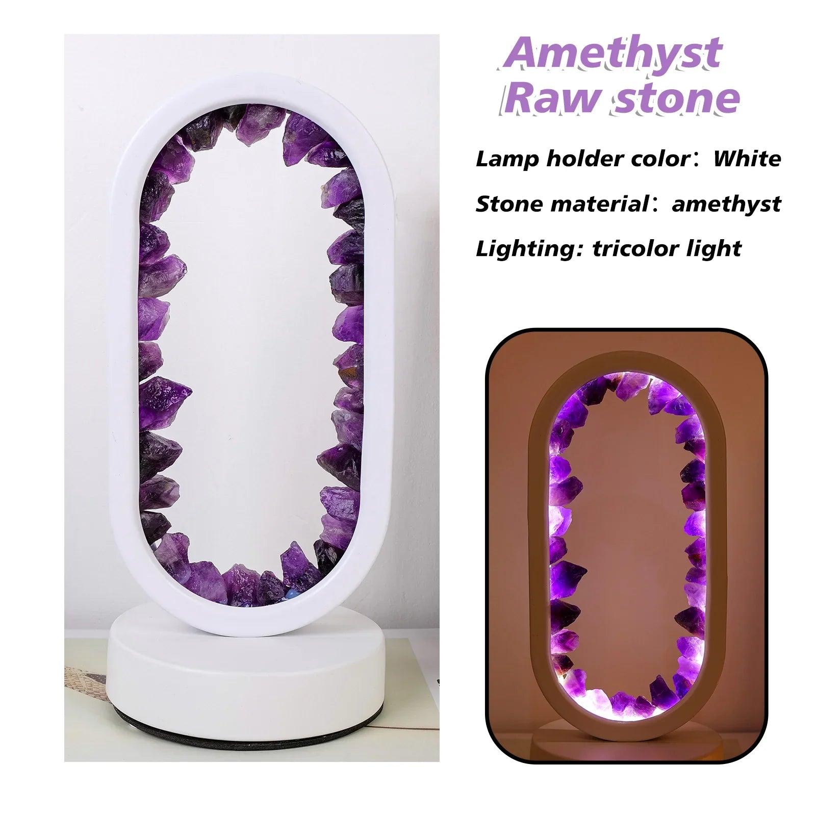 Naturlig ametyst bordlampe, gir et varmt og innbydende stemningslys.