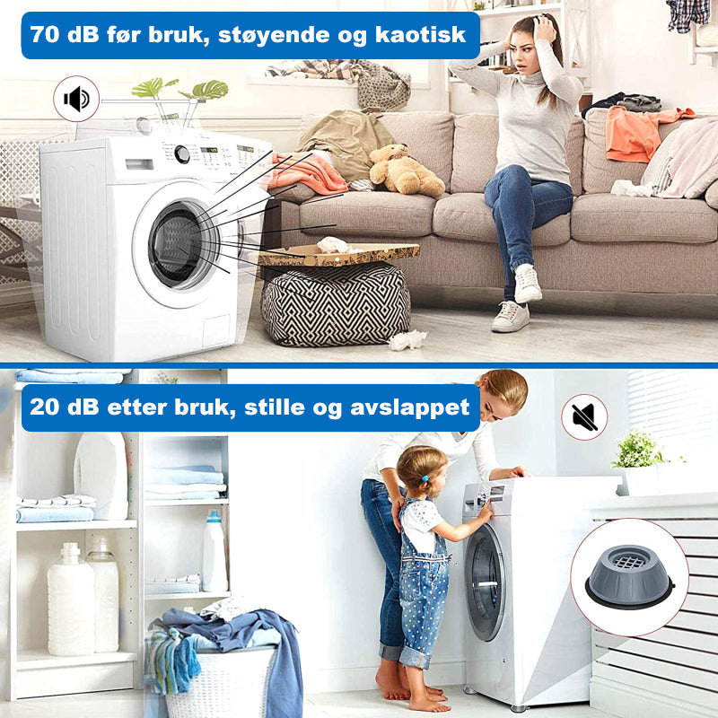 "Antivibrasjonsstøtte 4-pakning for vaskemaskin, grå gummi, demper støy og vibrasjoner for roligere vasketid."