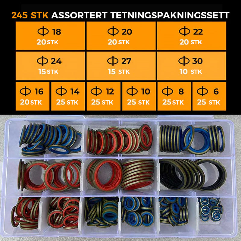 "Assortert tetningspakningssett i plastboks, ulike størrelser (6-30mm). Ideal for hjem og biler, hindrer lekkasjer effektivt.