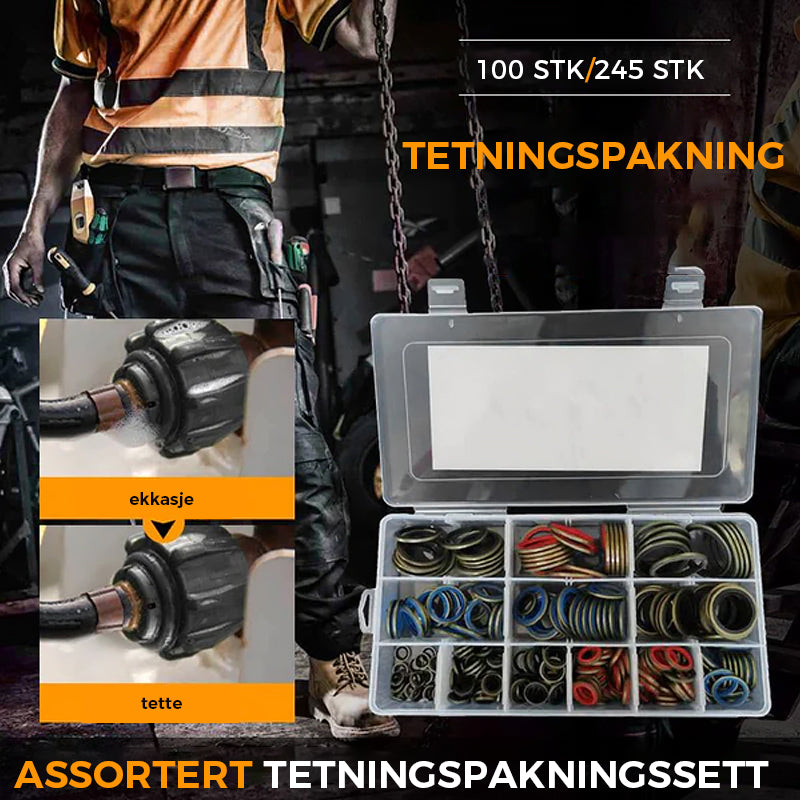 "Assortert tetningspakningssett i plastboks, ulike størrelser (6-30mm). Ideal for hjem og biler, hindrer lekkasjer effektivt.