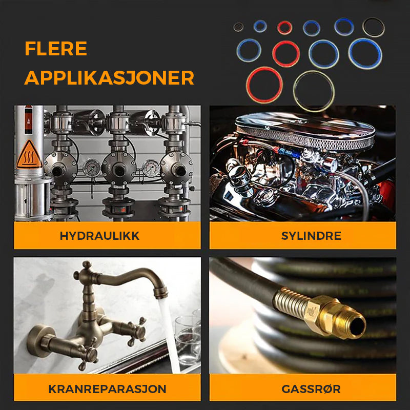 "Assortert tetningspakningssett i plastboks, ulike størrelser (6-30mm). Ideal for hjem og biler, hindrer lekkasjer effektivt.